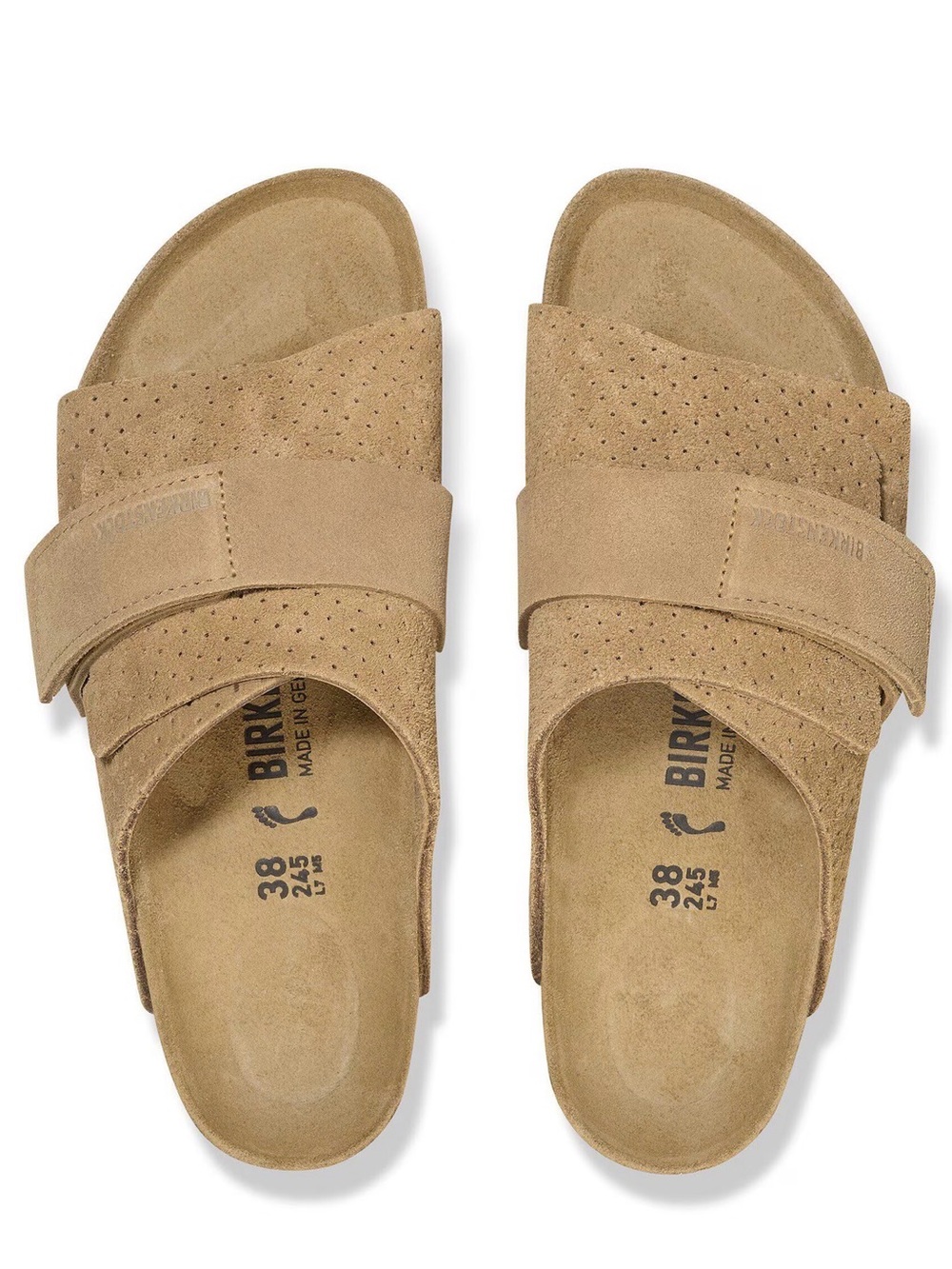 Birkenstock “Kyoto” Perforated Suede Slides in the color “light beige”